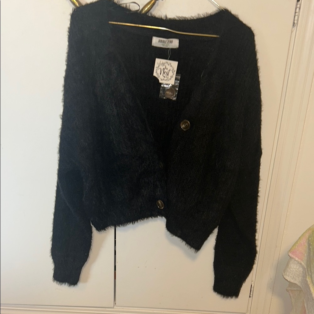 Double Zero Black Fuzzy Knitted Cropped Cardigan